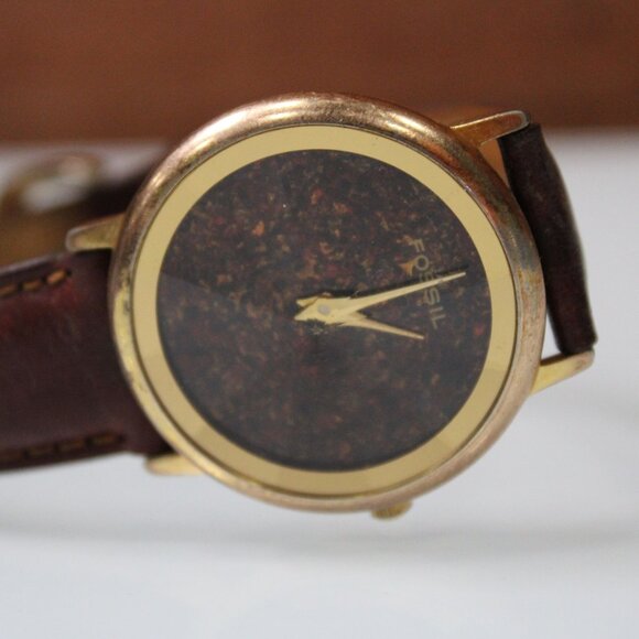Fossil Brown Dial Unisex Watch Gold Case Leather Band 40mm Diamon Crystal Style - Picture 6 of 9